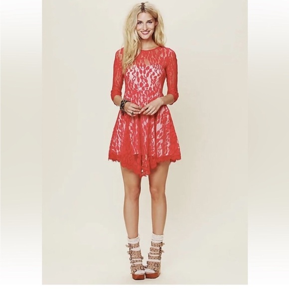 FREE PEOPLE Floral Leaf Mesh Lace Dress Red Size 6 - Picture 1 of 11